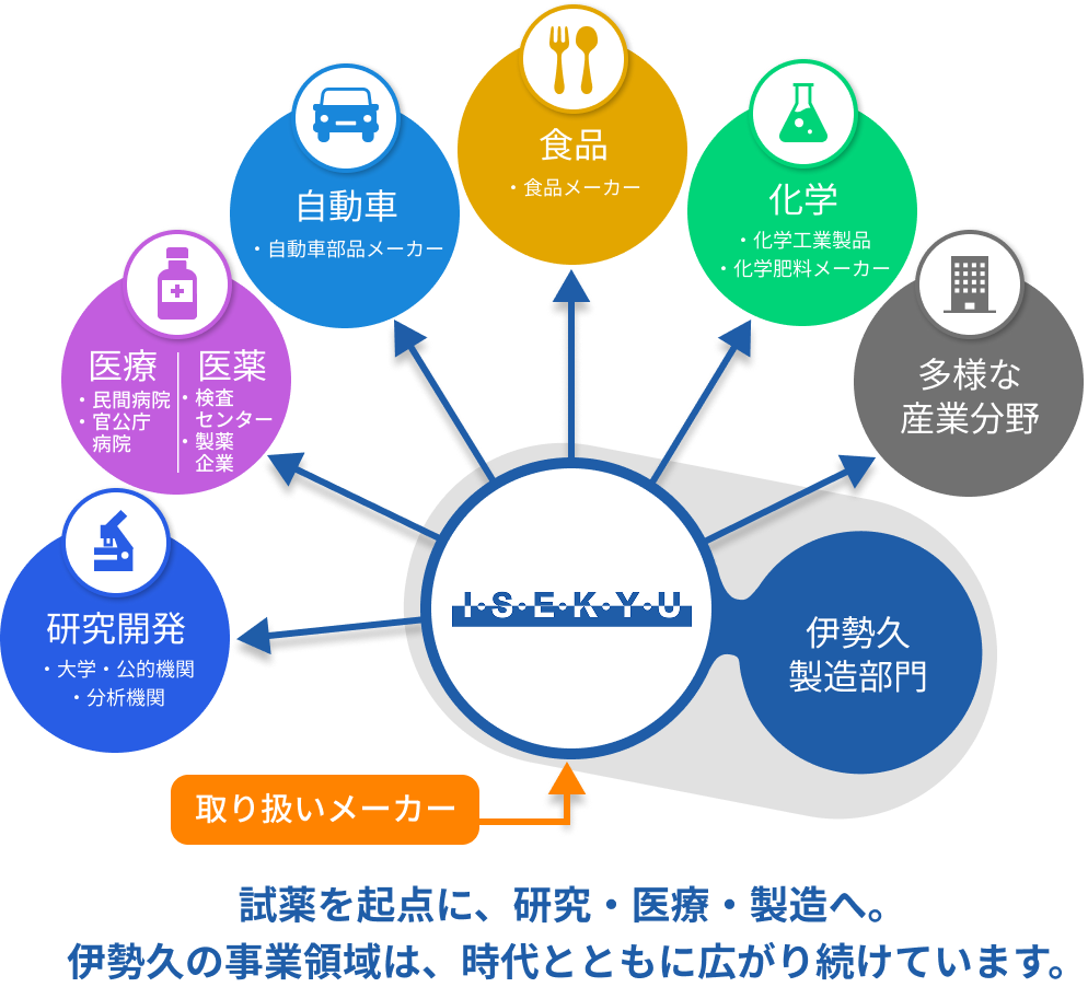 事業領域チャート：試薬、化成品、メディカル、セラミックスなどの事業領域を示す図